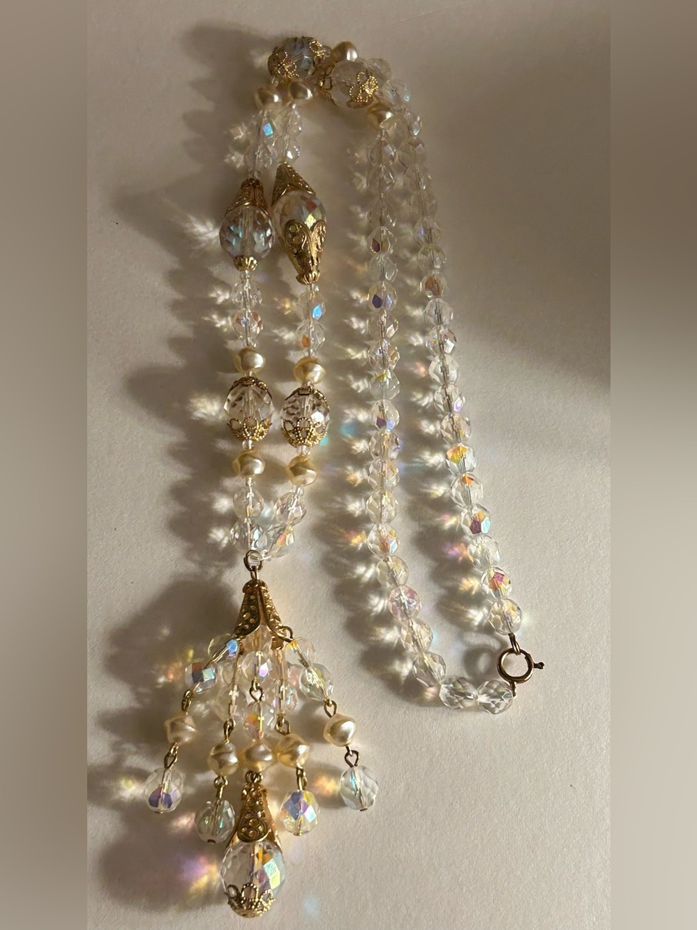 Vintage Necklace Aurora Borealis crystals, faux pearl, gold filigree caps,tassel